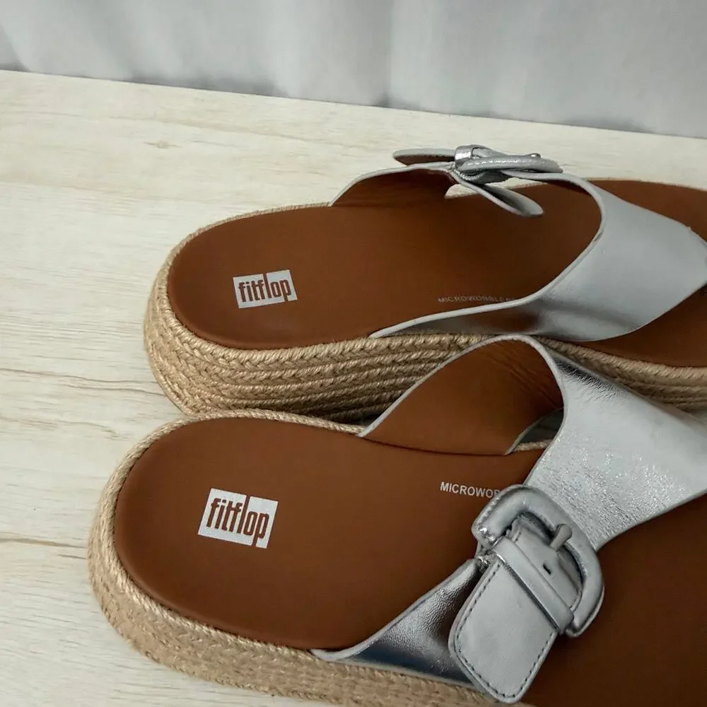 FitFlop Sandals Womens Size 10 F-Mode Espadrille Leather Flatform Silver